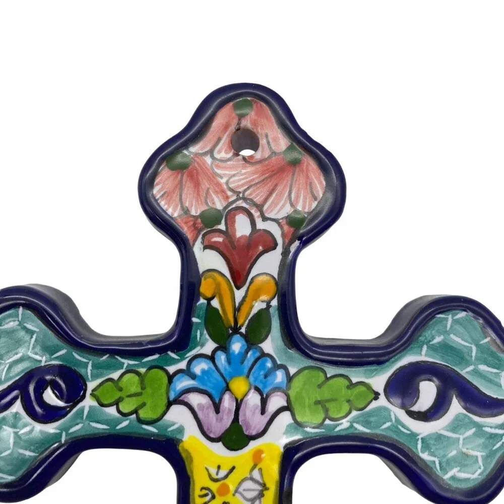 Ceramic hand made hanging cross ornaments hand painted Mexican‎ pottery